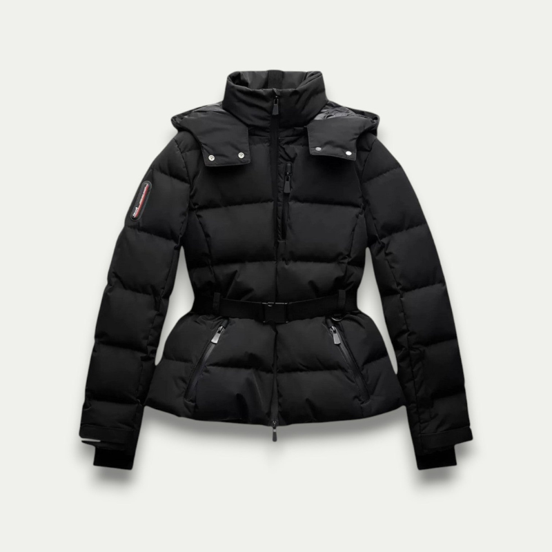Damen Skijacke Schwarz - Winterjacke Gefüttert mit Gürtel