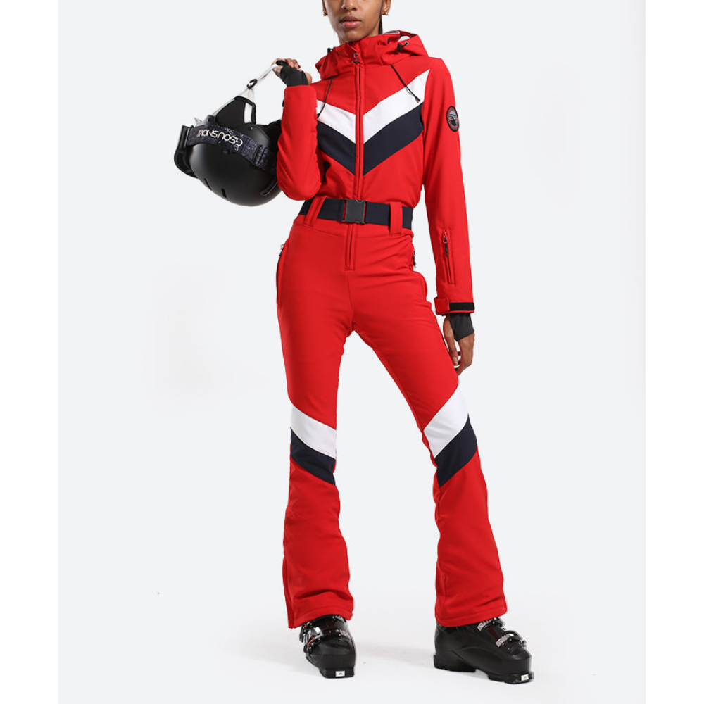 Damen Skianzug Einteilig - Skioverall Gestreift mit Kapuze
